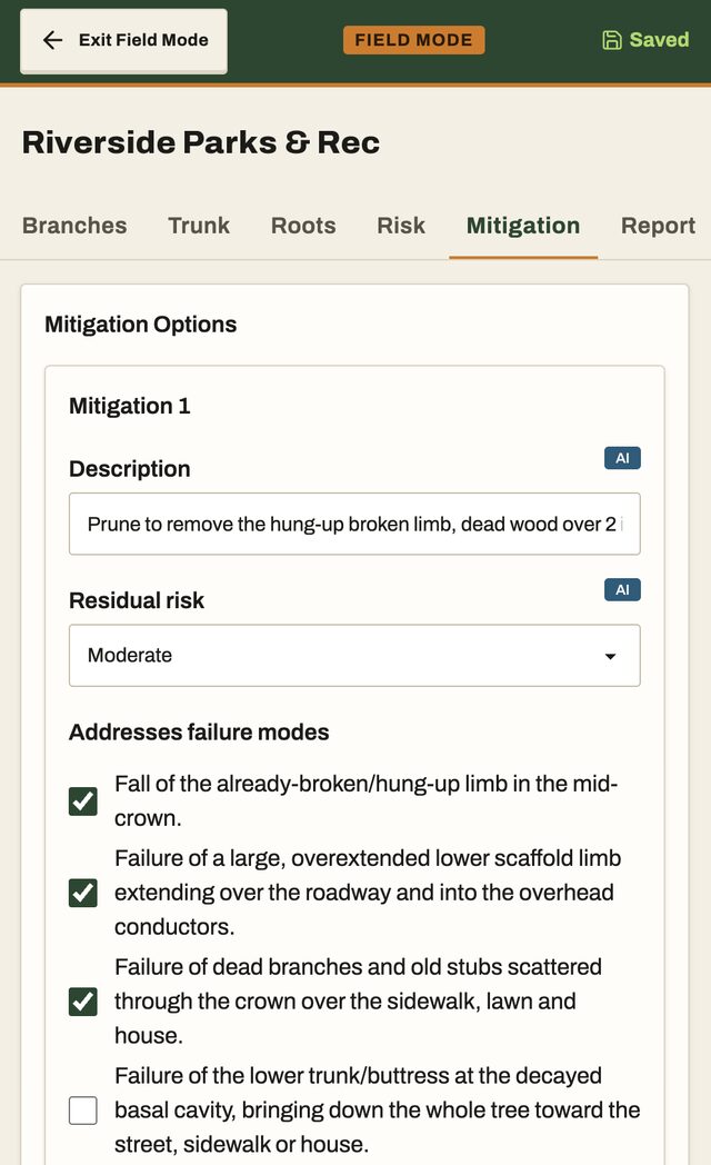 The Mitigation tab in field mode on a phone: a pruning recommendation and residual risk marked AI, with the failure modes it addresses ticked.
