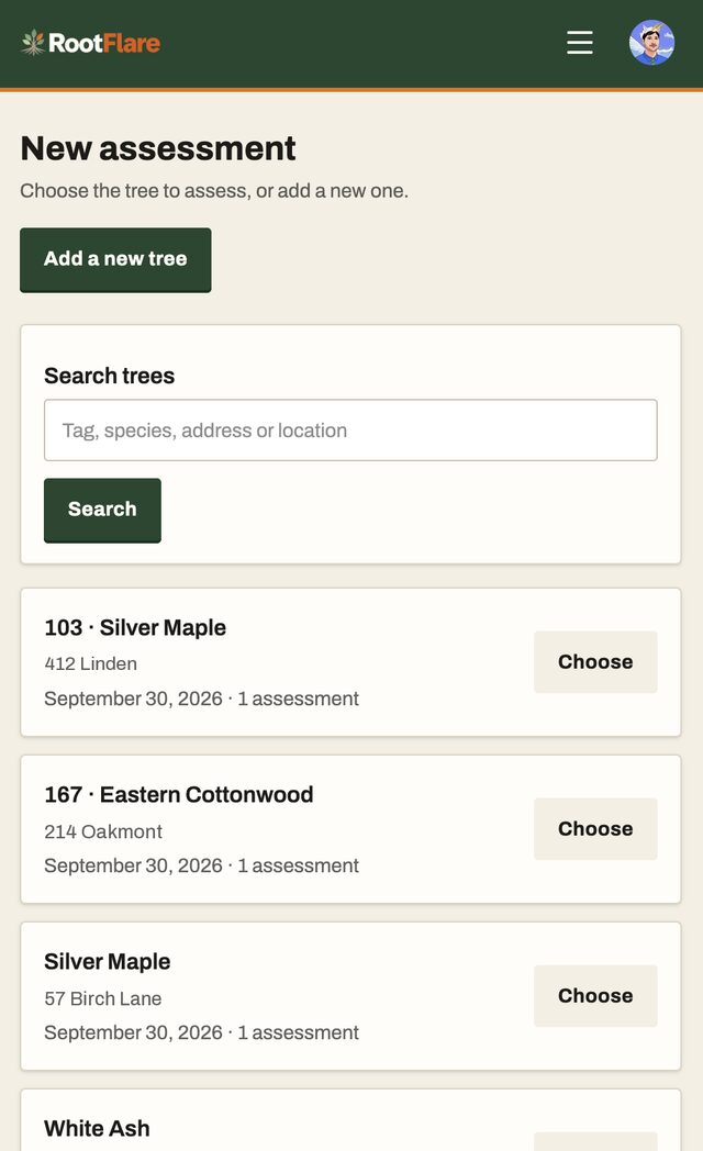 New assessment on a phone: Add a new tree, a tree search, and a list of trees to choose from.