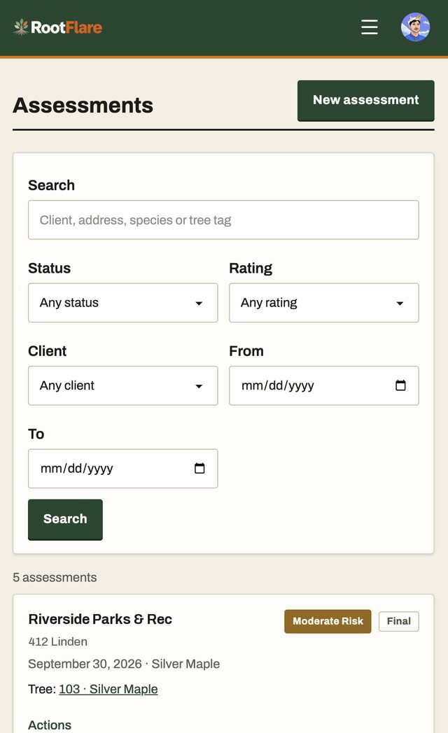 The Assessments list on a phone: search and filters for status, rating, client and dates, and an assessment rated Moderate Risk, Final.