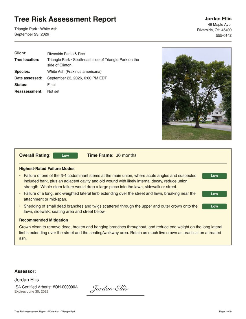 Page 1 of a RootFlare report: the tree's photo beside the client, location and species, the overall Low rating with its highest-rated failure modes and recommended mitigation, then the assessor's credentials and signature.